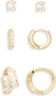 NORDSTROM RACK Set of 3 Cubic Zirconia Stud & Huggie Hoop Earrings