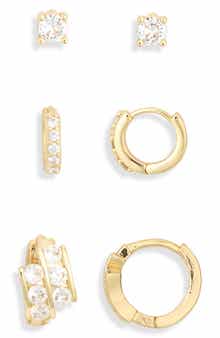 Set of 3 Cubic Zirconia Stud & Huggie Hoop Earrings