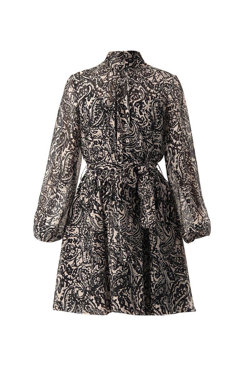 Paisley Printed Short Dress with Waist Tie, Alternate, color, Black