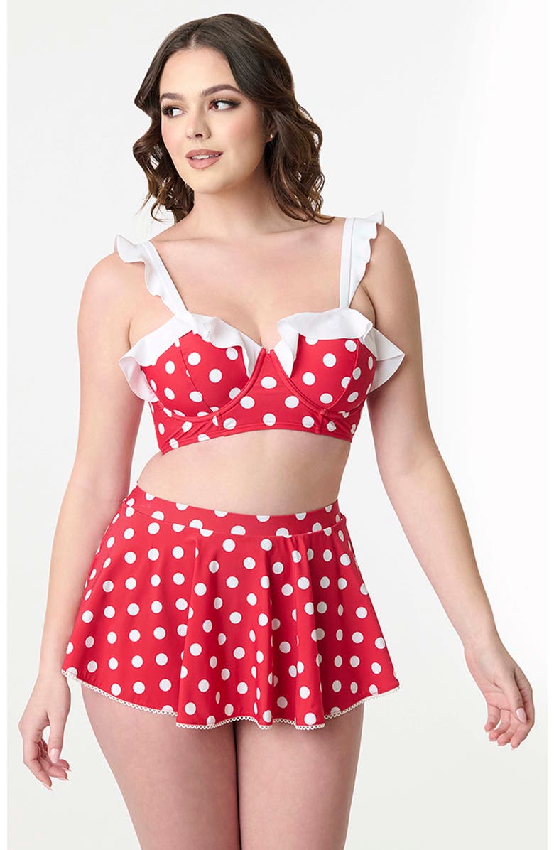 Unique Vintage Ruffled Longline Southampton Swim Top, Main, color, Red Polka Dots