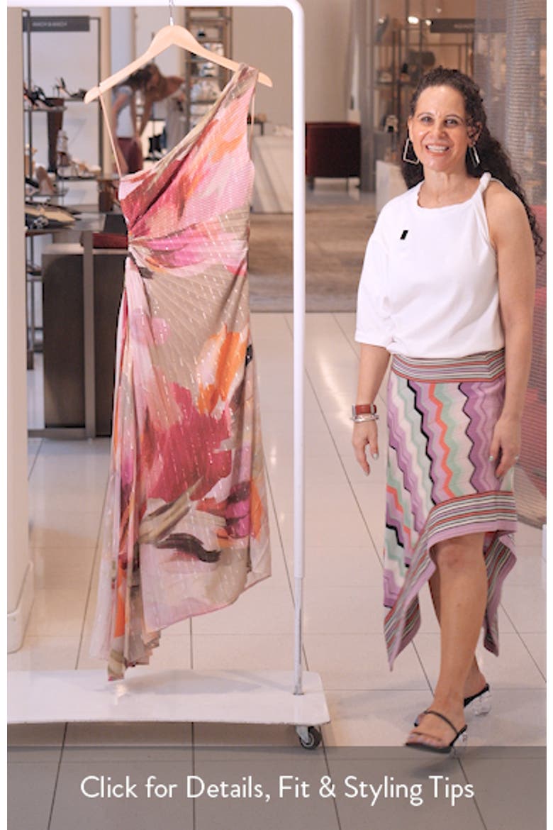 Floral Metallic Stripe One-Shoulder Pleated Dress video