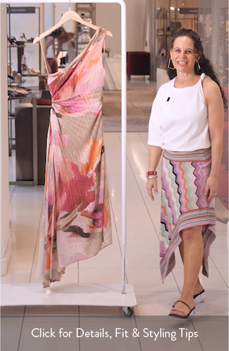 Floral Metallic Stripe One-Shoulder Pleated Dress, sales video thumbnail