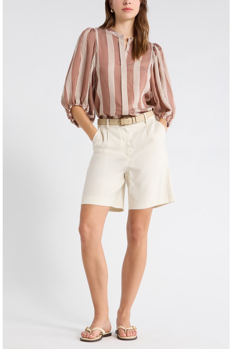 Stripe Balloon Sleeve Button-Up Shirt, Main, color, BROWN- IVORY DELRAY STRIPE