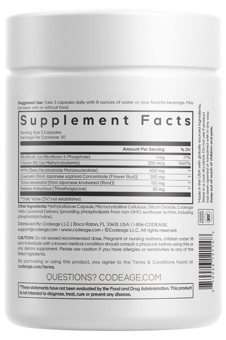 Liposomal NMN Supplement, NAD precursor, Resveratrol, Betaine, Riboflavin & B12, Quercetin, 90 ct, Alternate, color, White