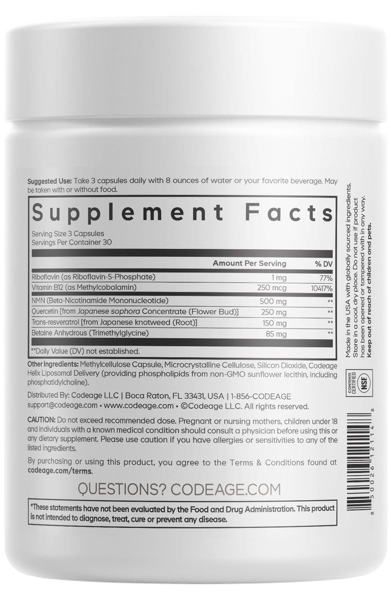 Codeage Liposomal NMN Supplement, NAD precursor, Resveratrol, Betaine, Riboflavin 
B12, Quercetin, 90 ct, Alternate, color, 