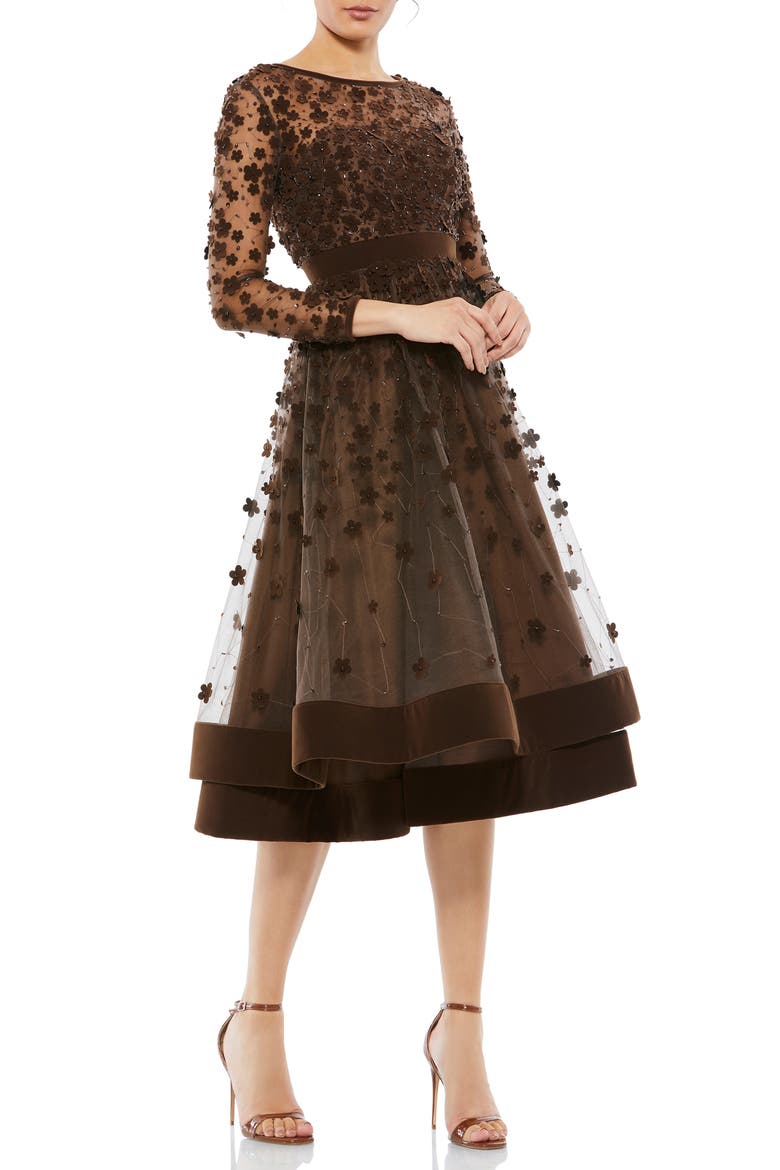 Embellished Illusion High Neck Long Sleeve Fit & Flare, Main, color, COFFEE