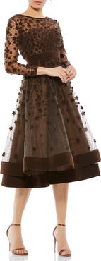 Mac Duggal Embellished Illusion High Neck Long Sleeve Fit & Flare