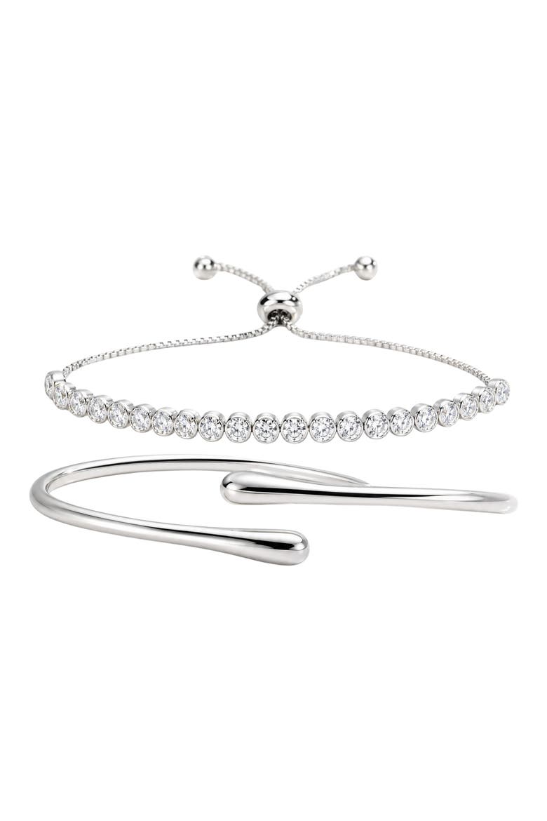 Set of 2 Bypass Cuff & Adjustable Tennis Bracelets, Main, color, SILVER
