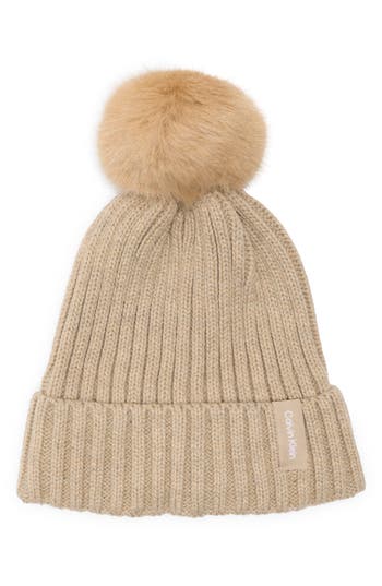 Calvin Klein Faux Fur Pompom Beanie In Brown