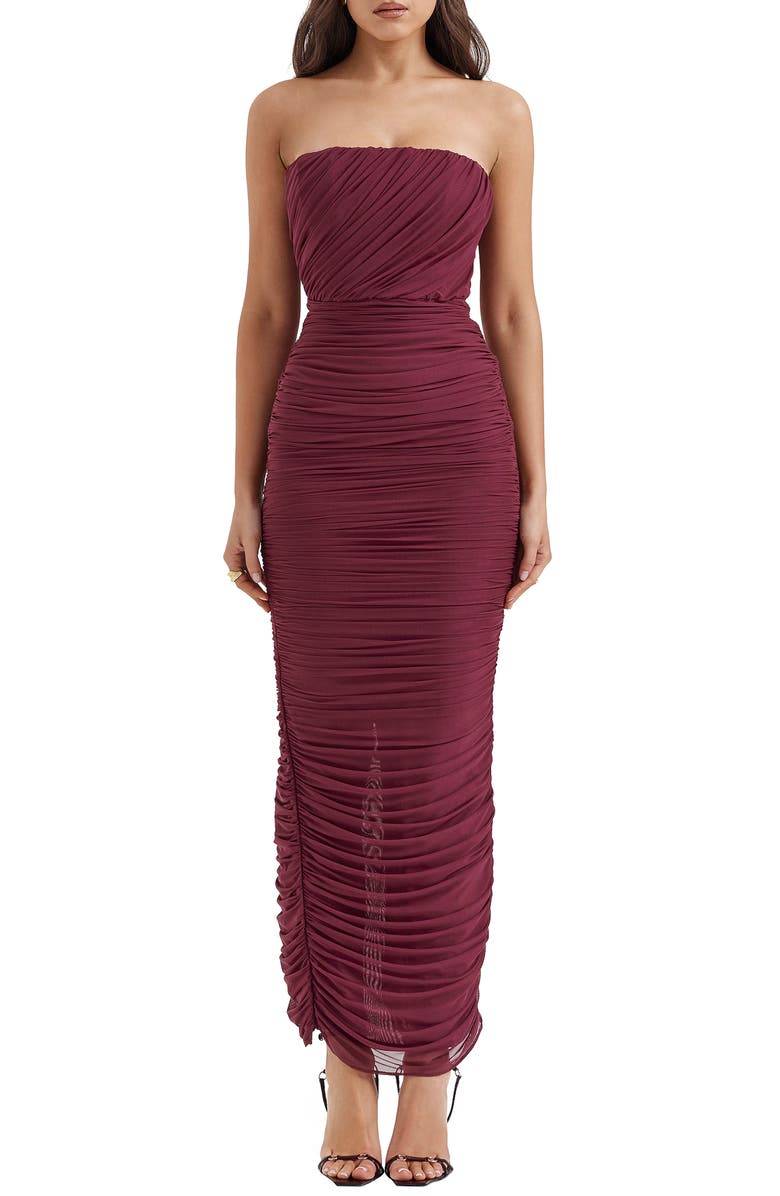 HOUSE OF CB Gradient Color Strapless Ruched Mesh Gown, Main, color, Windsor Wine