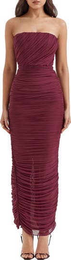 Gradient Color Strapless Ruched Mesh Gown