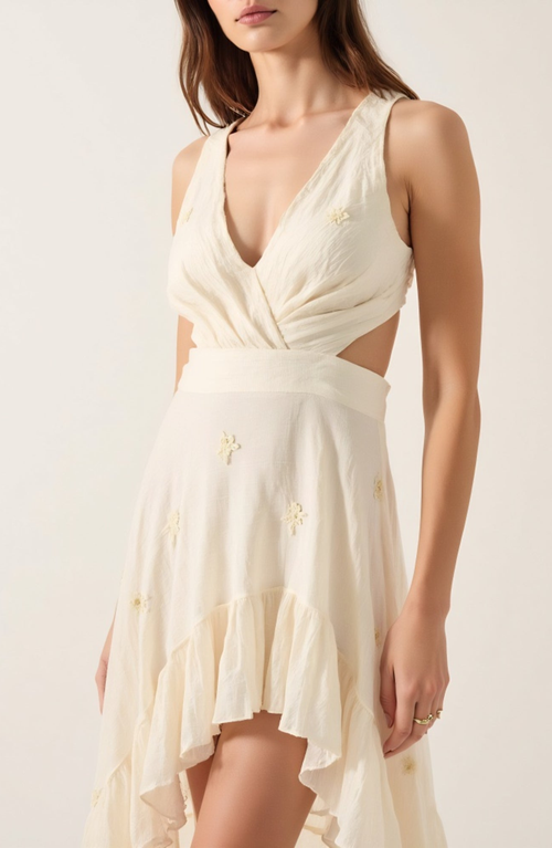 Modenaire High-low Ruffle Hem Dress With Cutout Waist And Wrap Bodice