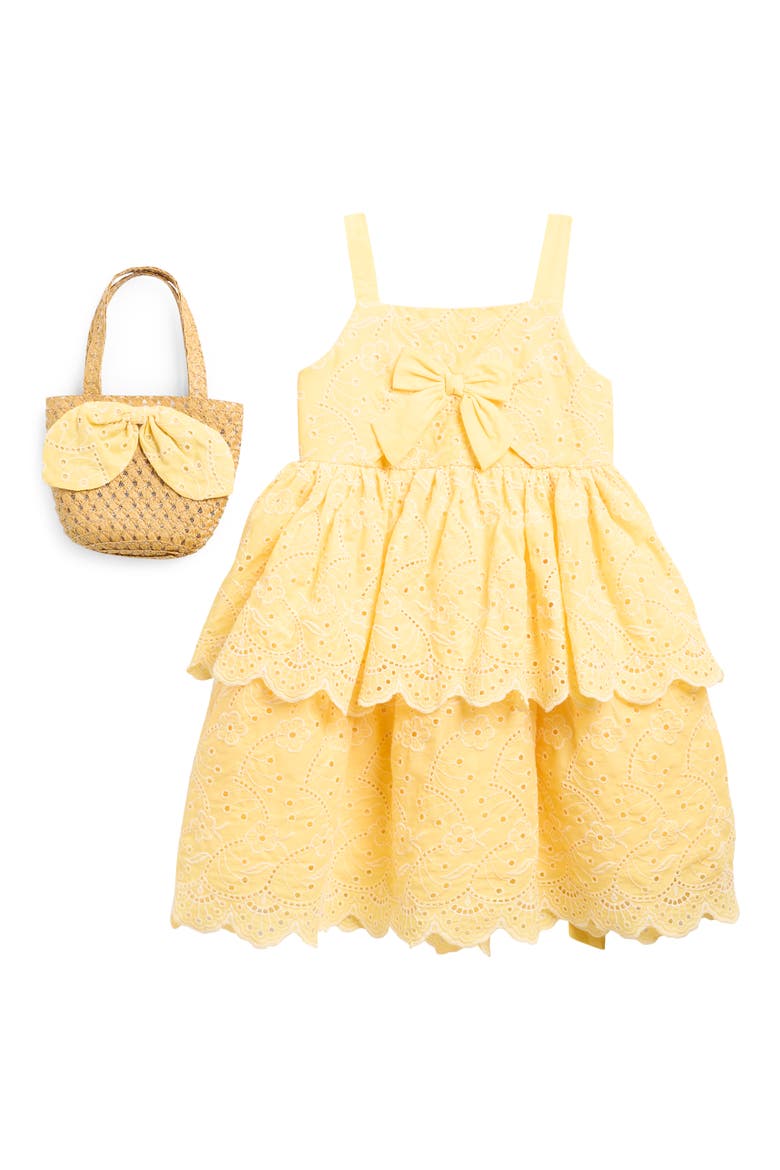 Kids' Eyelet Sundress & Straw Handbag Set, Main, color, YELLOW/ WHITE