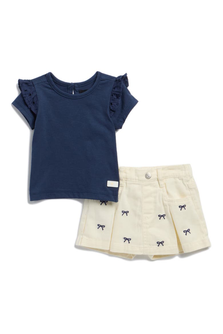 Ruffle Sleeve T-Shirt & Bow Print Skort Set, Main, color, NAVY