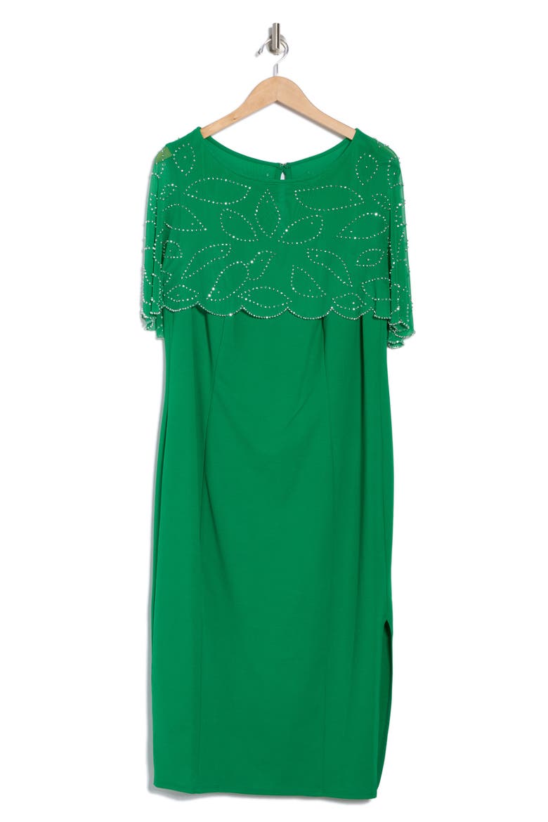 Crystal Embellished Capelet Sheath Dress, Alternate, color, KELLY GREEN