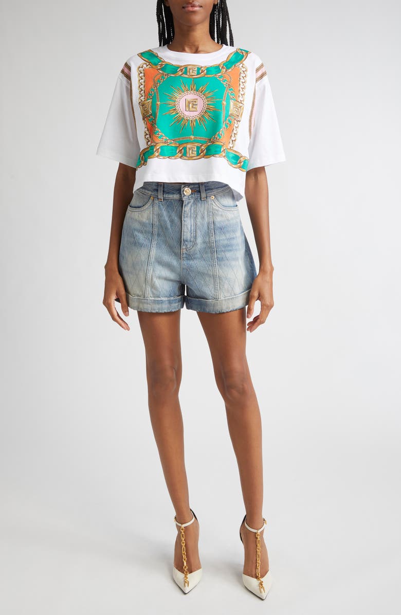 Balmain Foulard Print Crop T-Shirt, Alternate, color, Gsr White Multi