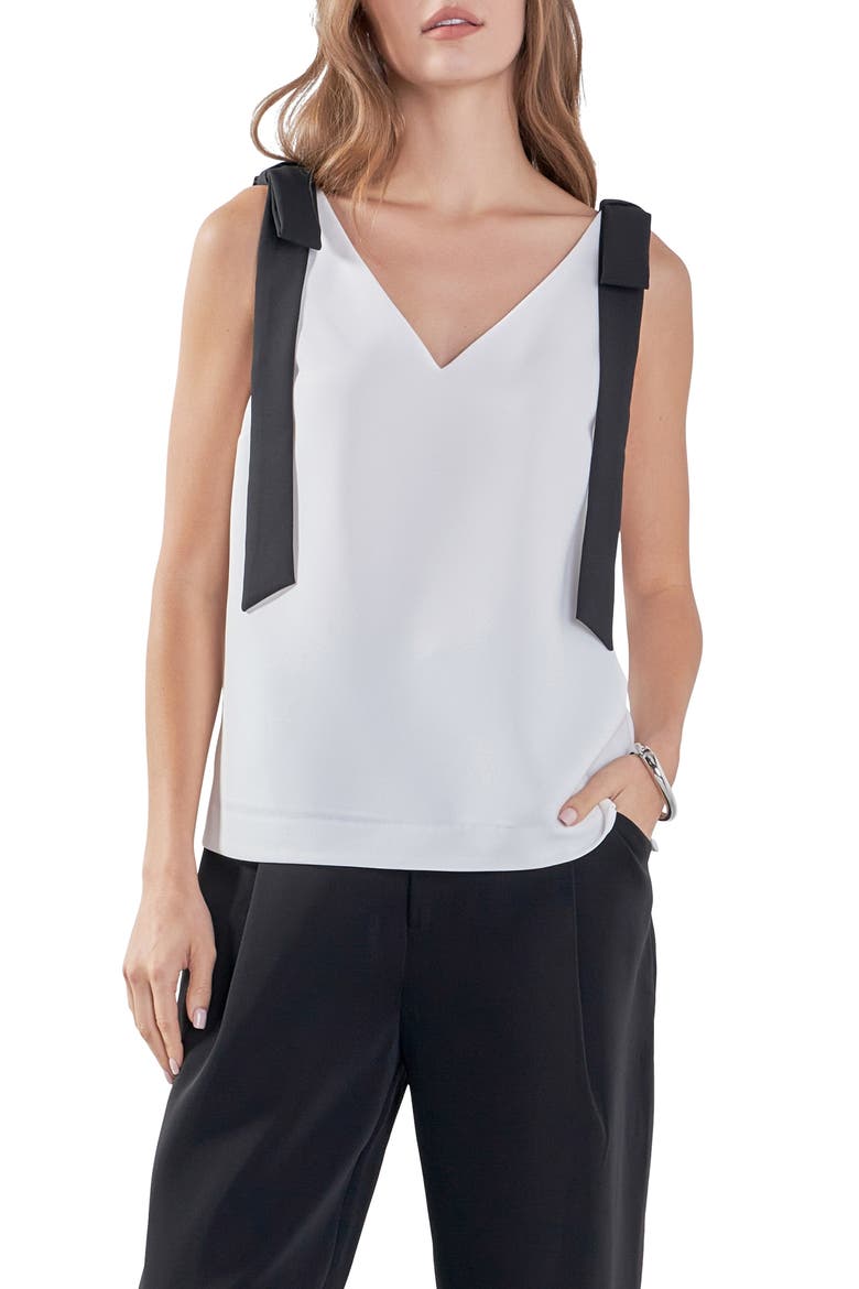Contrast Bow V-Neck Tank Top, Main, color, OFF WHITE