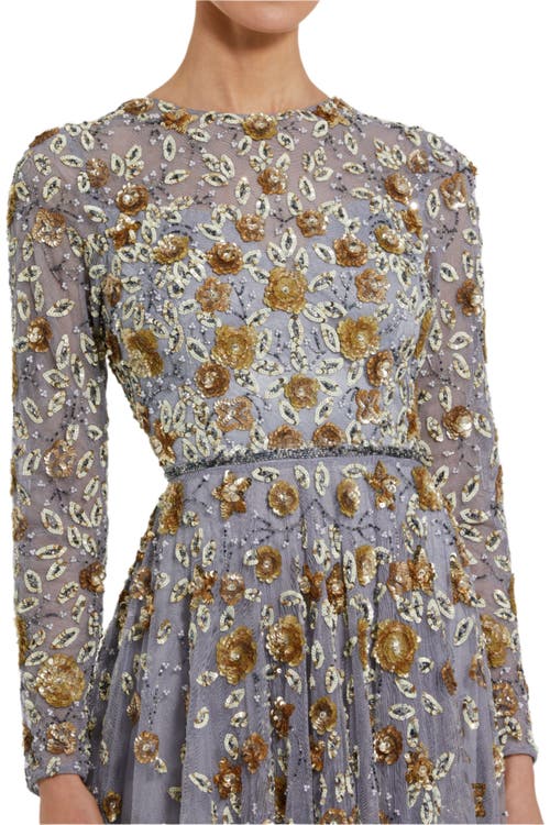 Shop Mac Duggal Floral Appliqué Long Sleeve Illusion Gown In Platinum Gold