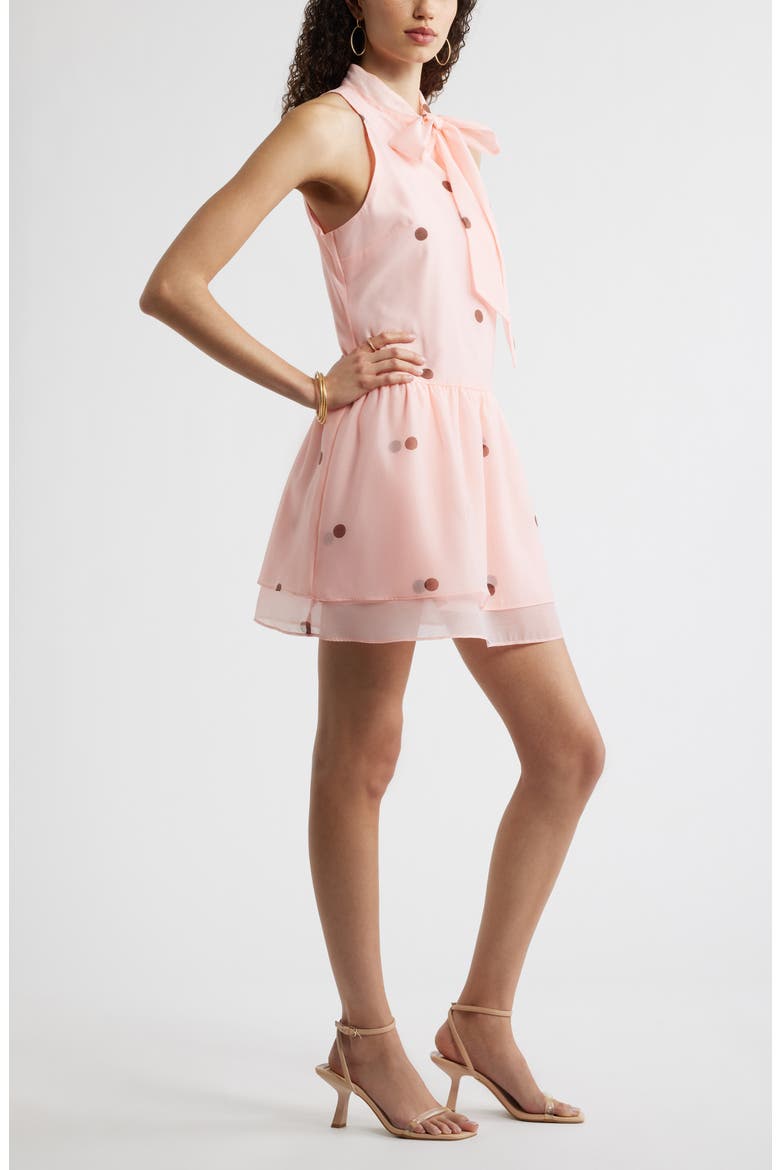 Tie Neck Tiered Minidress, Alternate, color, PINK BROWN LISA DOT
