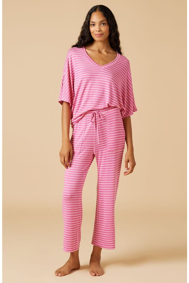 Dream Jersey Relaxed V-Neck with Capri Lounge Set, Main, color, Fuchsia Stripe