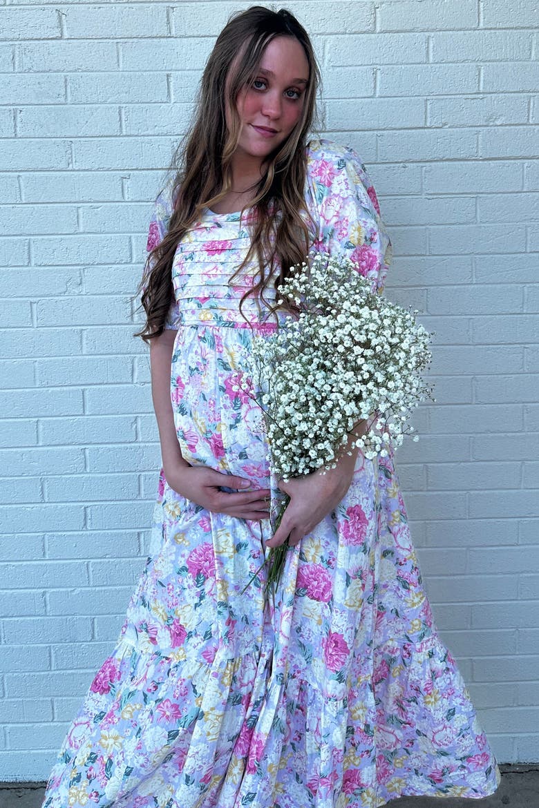 Floral Pleated Puff Sleeve Midi Dress, Alternate, color, Lavender