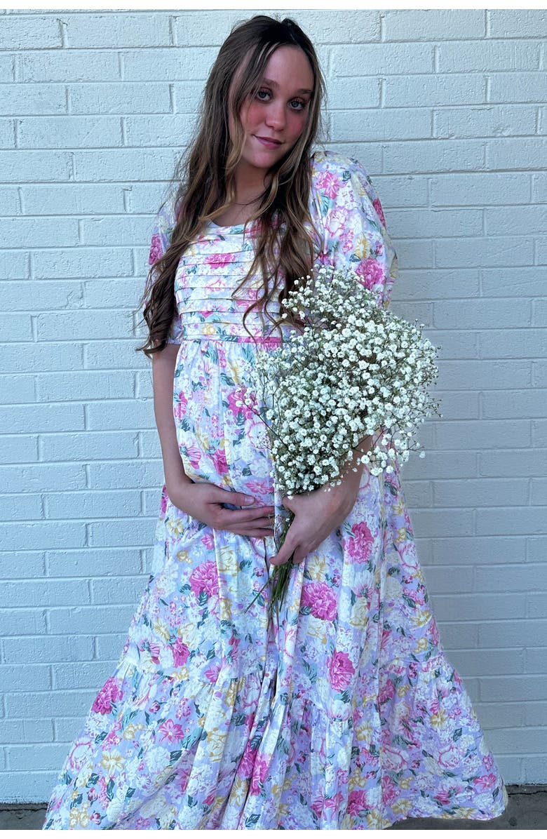 PinkBlush Floral Pleated Puff Sleeve Midi Dress, Alternate, color, Lavender