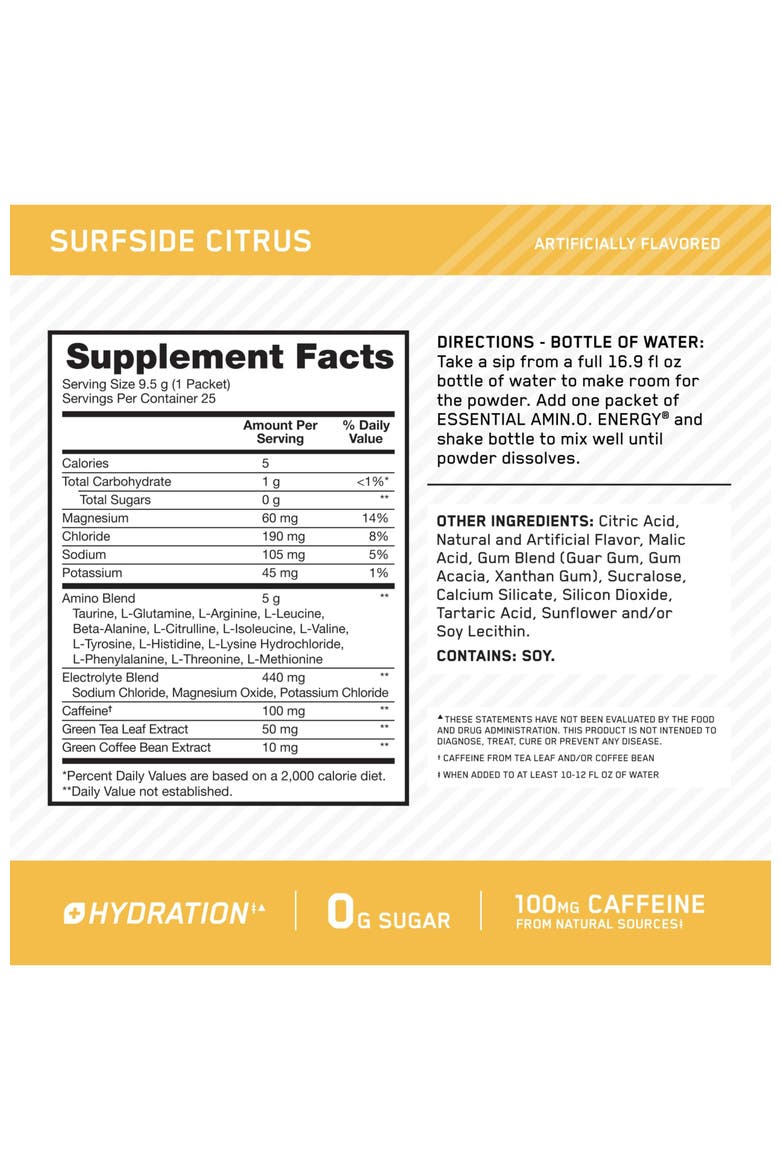 Amino Energy Plus Hydration Powder Stick Packs with Caffeine for Energy and Hydration Support, Surfside Citrus Flavor, 25 Count, Alternate, color, None