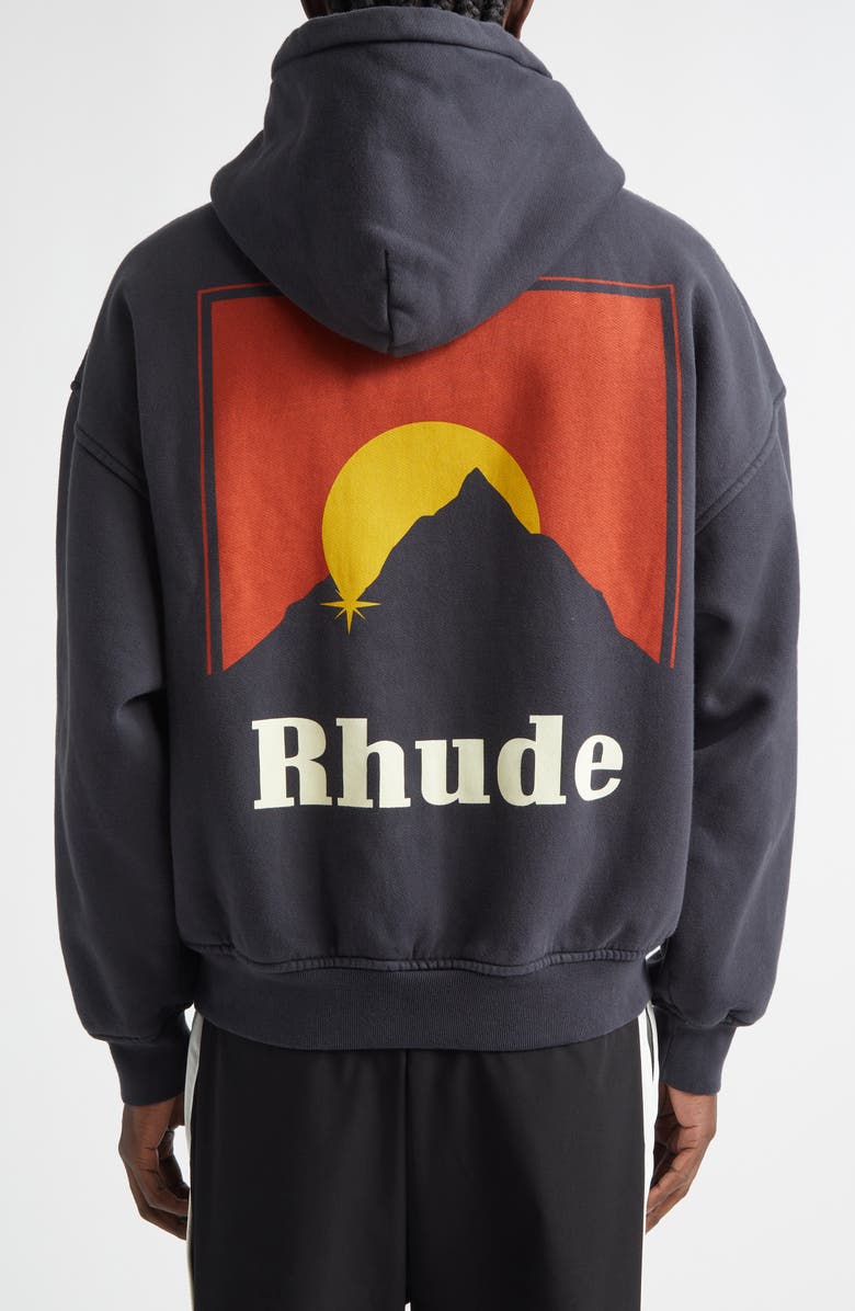 Rhude Moonlight Logo Full Zip Fleece Graphic Hoodie, Alternate, color, Vintage Black/ Red /Yellow