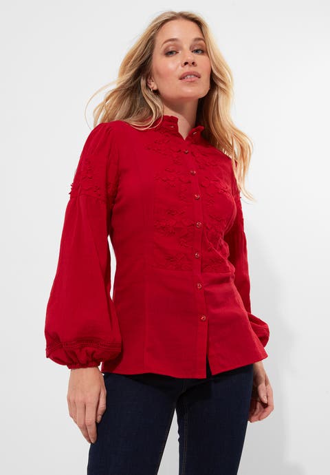 Long Balloon Sleeve Embroidered Blouse (Plus)