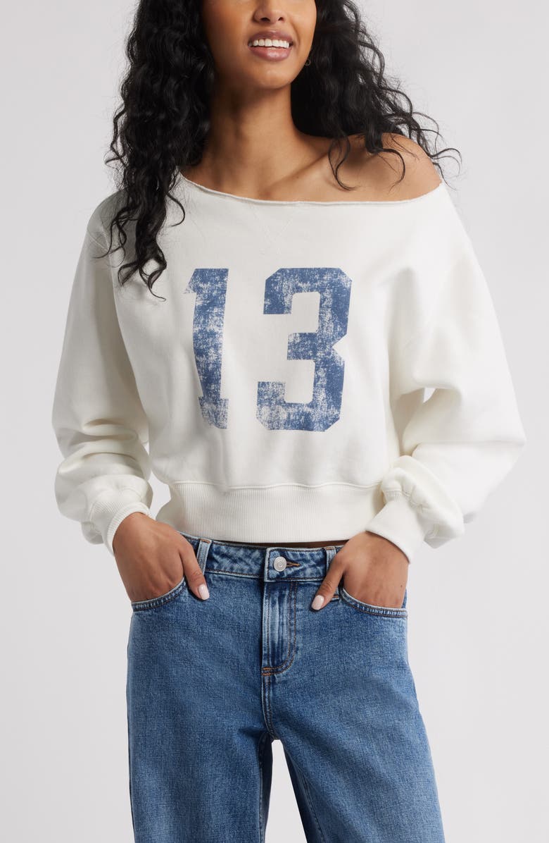BP. Off the Shoulder Crop Graphic Sweatshirt, Main, color,