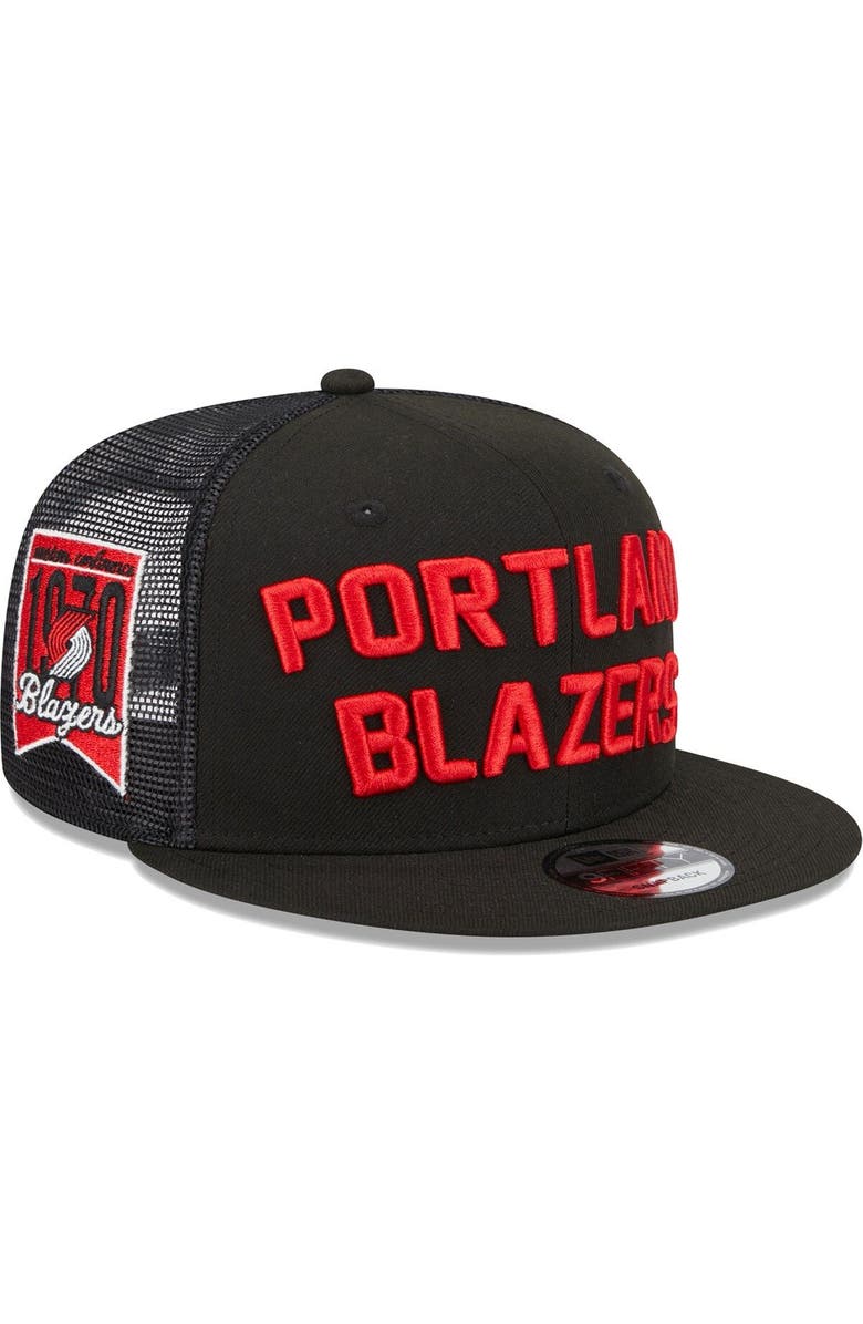 New Era Men's New Era Black Portland Trail Blazers Stacked Script 9FIFTY Trucker Snapback Hat, Main, color, 