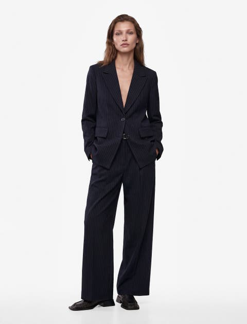 Pleated Wide Leg Striped Trousers With Belt Detail