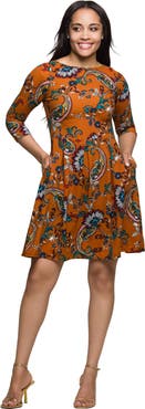 24seven Comfort Apparel Paisley Print Fit Flare Knee Length Dress