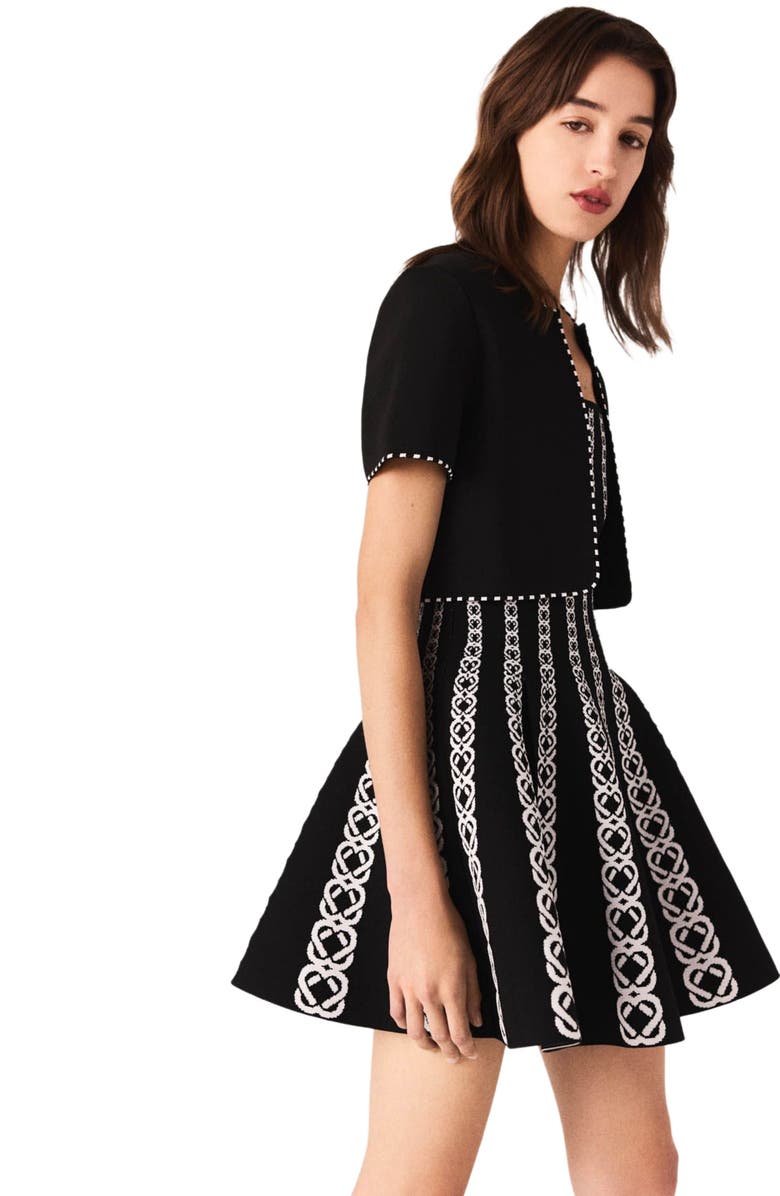 maje Cropped short sleeve cardigan, Alternate, color, Black/Ecru