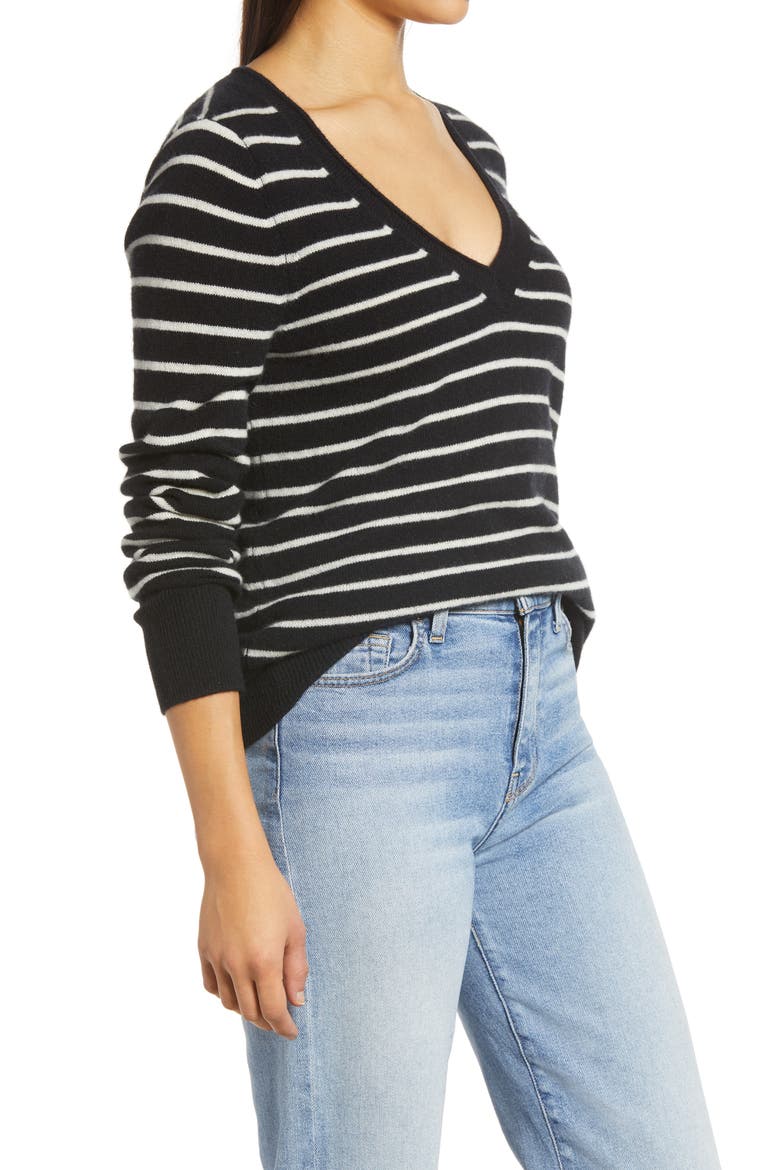 V-Neck Cashmere Sweater, Alternate, color, BLACK- IVORY STRIPE