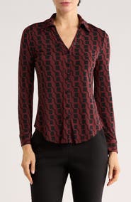 T Tahari Print Long Sleeve Knit Button-Up Shirt