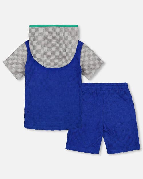 Deux Par Deux Little Boy's Printed Hooded Terry Top And Shorts Set Blue And Gray In Blue And Gray