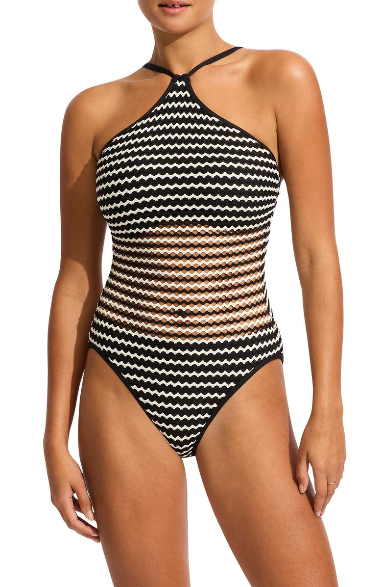 Seafolly Mesh Effect High Neck DD-Cup Underwire One-Piece Swimsuit, Main, color, 