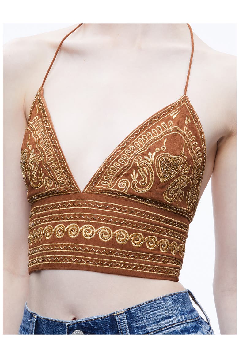 Carli Beaded Embroidered Halter Bra Top, Alternate, color, CAMEL/GOLD