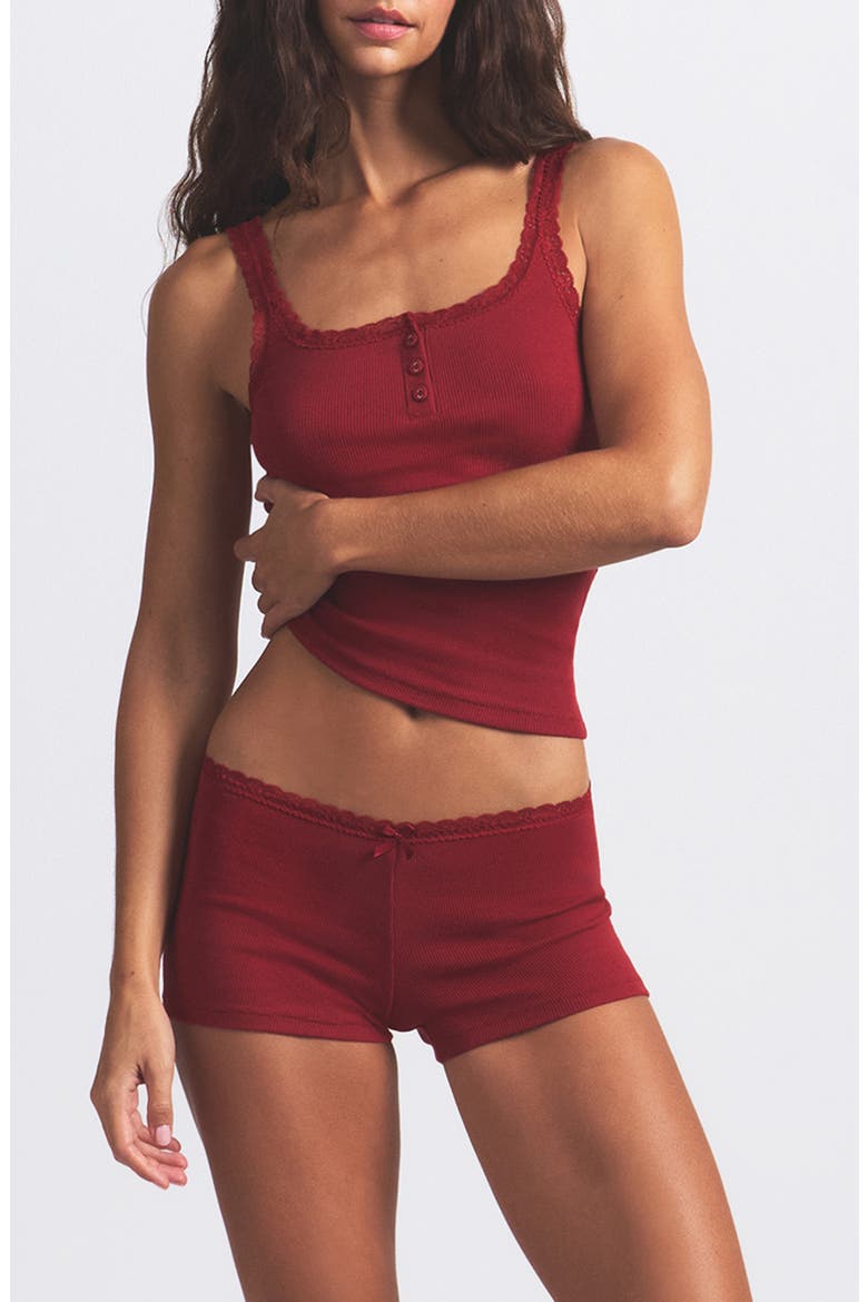 Stretch Cotton Rib & Lace Pajamas, Main, color, BRICK