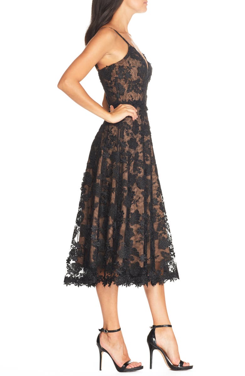 Dress the Population Tahani Floral Embroidered Fit & Flare Midi Dress, Alternate, color, Black-Nude
