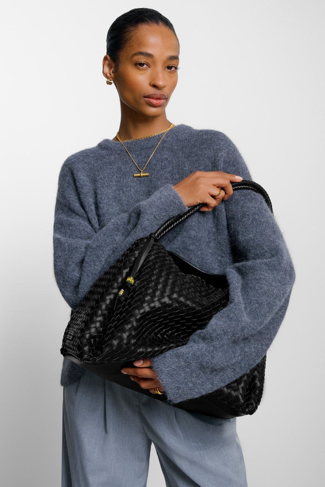 Katie Loxton Nova Hand Woven Large Shoulder Bag in Black, Alternate, color, Black