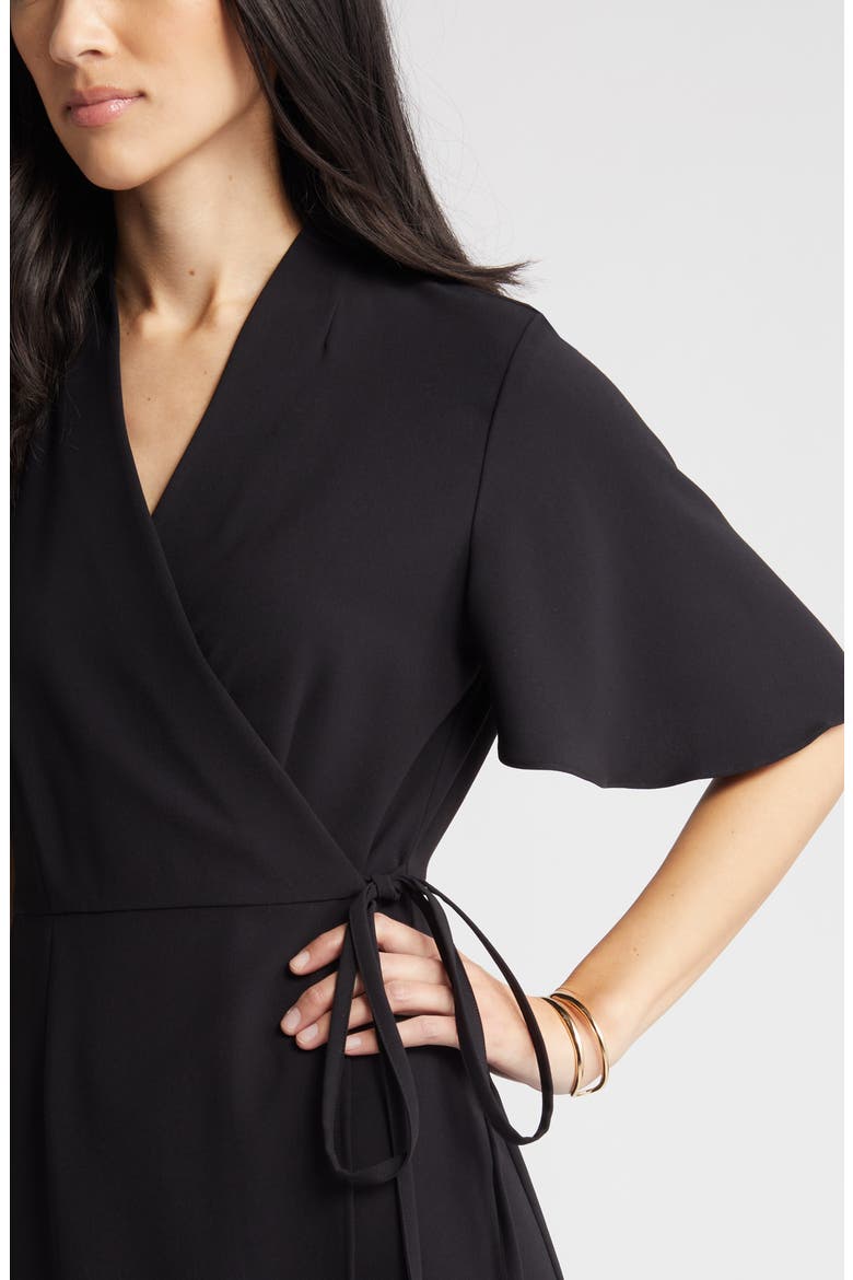 Butterfly Sleeve Crêpe de Chine Wrap Dress, Alternate, color, BLACK