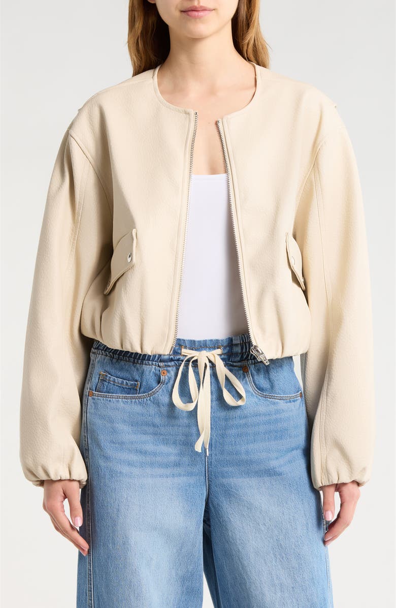 BLANKNYC Faux Leather Coated Collarless Bomber Jacket, Main, color, Picture Perfect-Stone