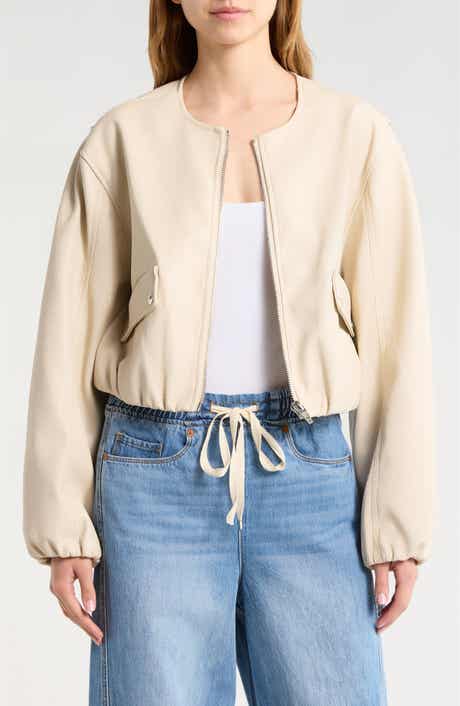 Faux Leather Coated Collarless Bomber Jacket