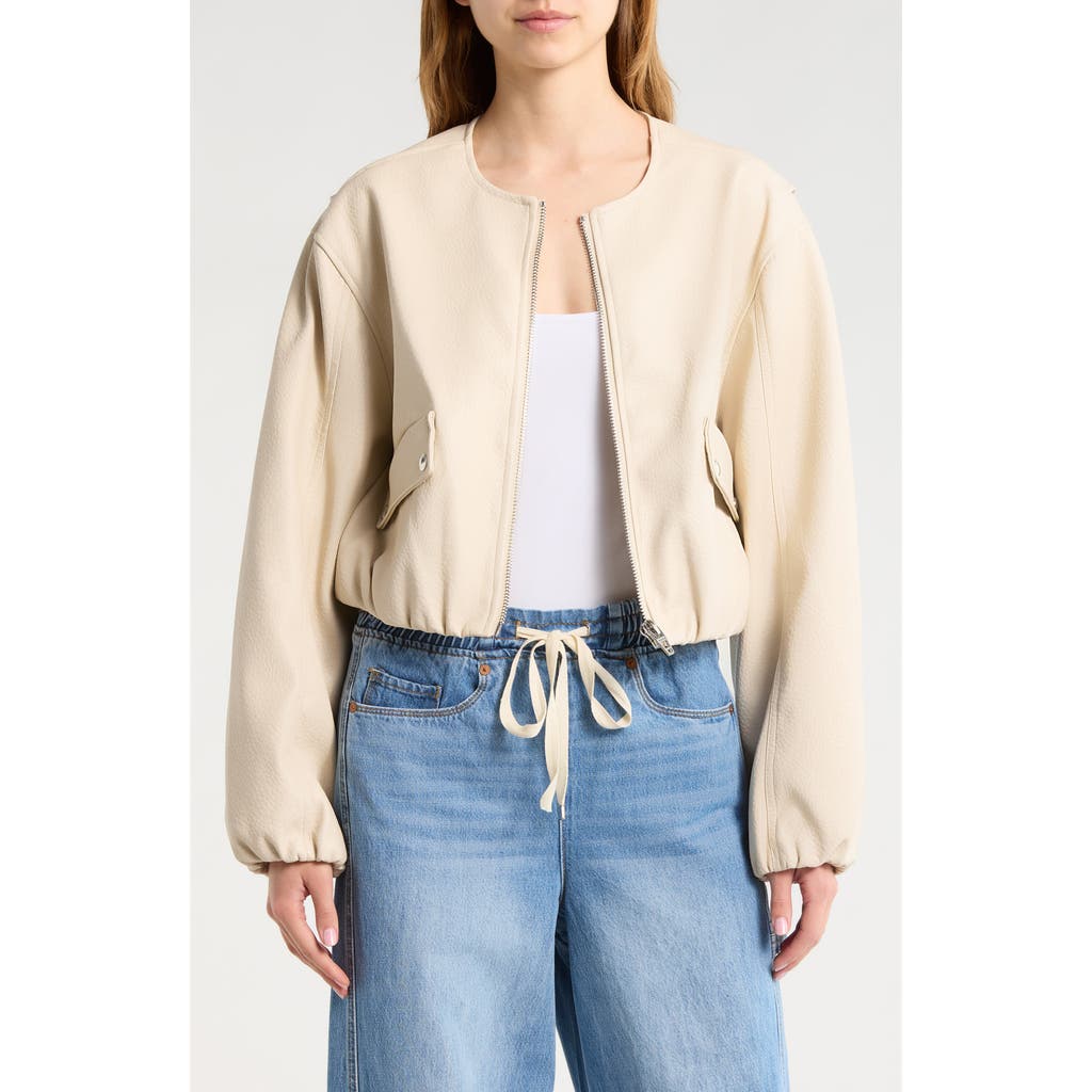 BLANKNYC Faux Leather Coated Collarless Bomber Jacket in Picture Perfect-Stone at Nordstrom, Size Small