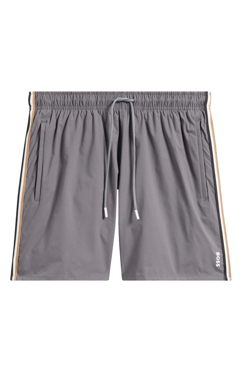 BOSS Iconic Side Stripe Swim Trunks, Main, color, Dark Grey