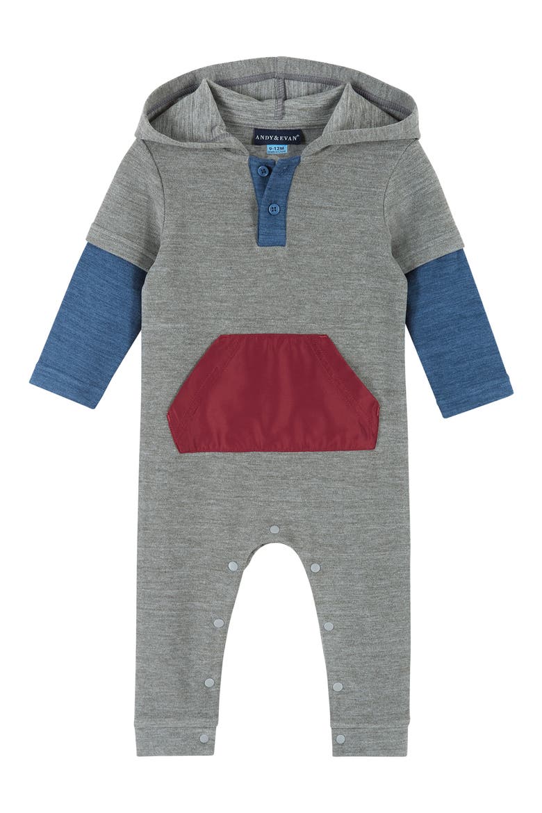 Colorblock Hooded Romper, Main, color, COLOR BLOCK GREY