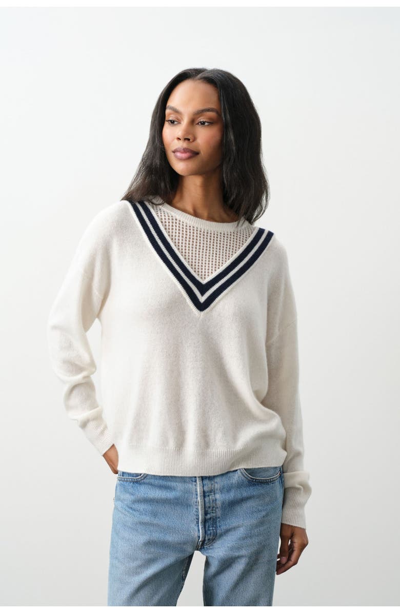 NAKED CASHMERE Diana Modern Tennis Sweater, Main, color, Ecru/Club Navy