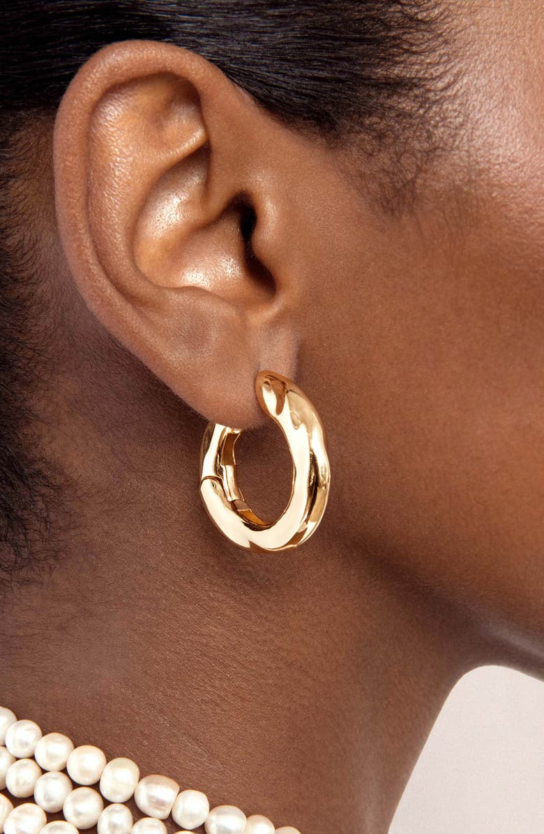 Ettika Molten Hoop Earrings, Alternate, color, Gold
